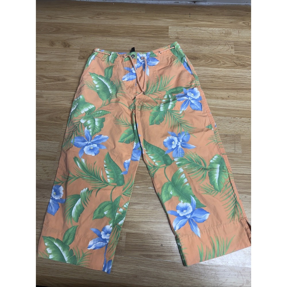 VTG Lauren Ralph Lauren Pants Womens 4P Orange Hawaiian Floral Rope Belt Capri